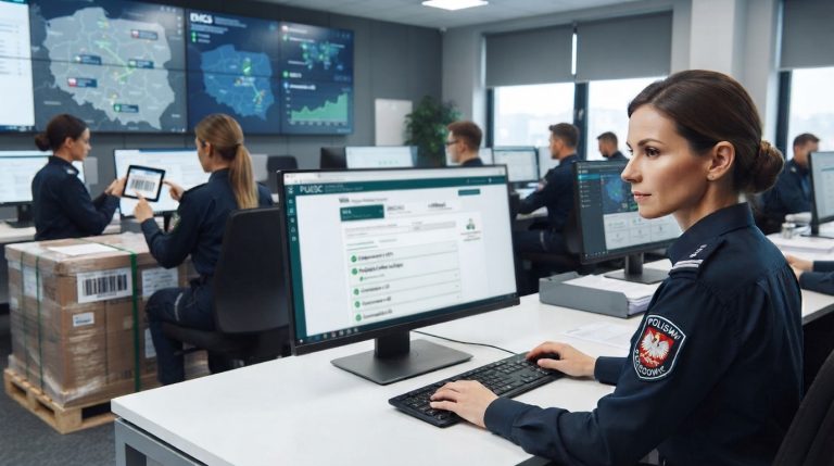 Ten obraz przedstawia nowoczesne centrum monitoringu i obsługi cyfrowych procedur akcyzowych