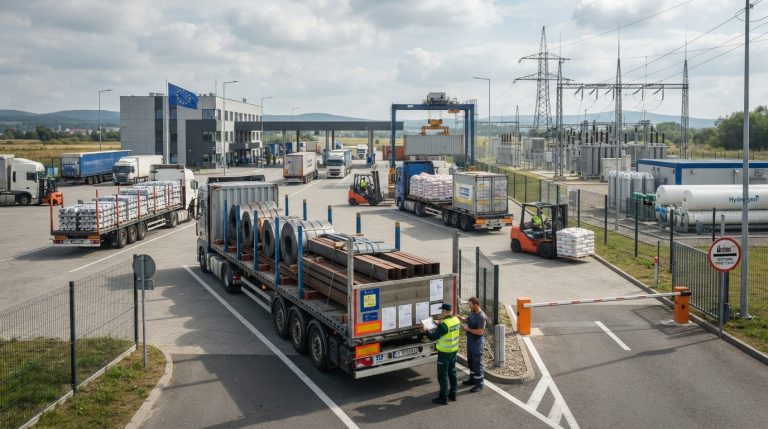 Na tym obrazie przedstawiony jest nowoczesny, realistyczny terminal logistyczny oraz punkt odpraw celnych