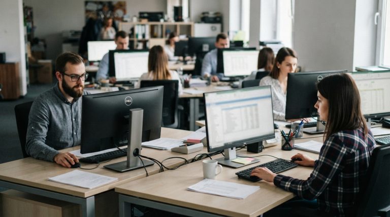 Na tym obrazie widać nowoczesne, jasne biuro typu open space, w którym pracują ludzie